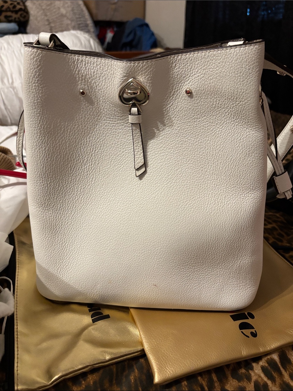 kate spade White Pebbled Leather Shoulder Bag with Heart Turn-Lock